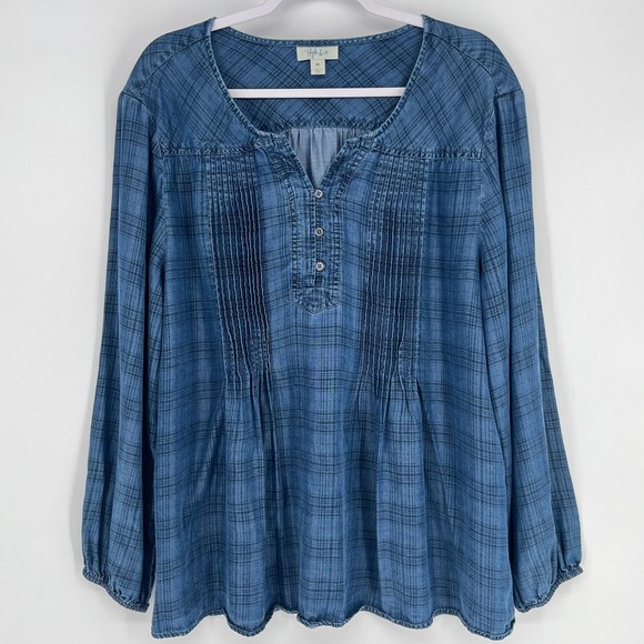 Style & Co Blue Plaid Pintuck Popover Blouse Relaxed Fit Size XXL - Picture 2 of 7